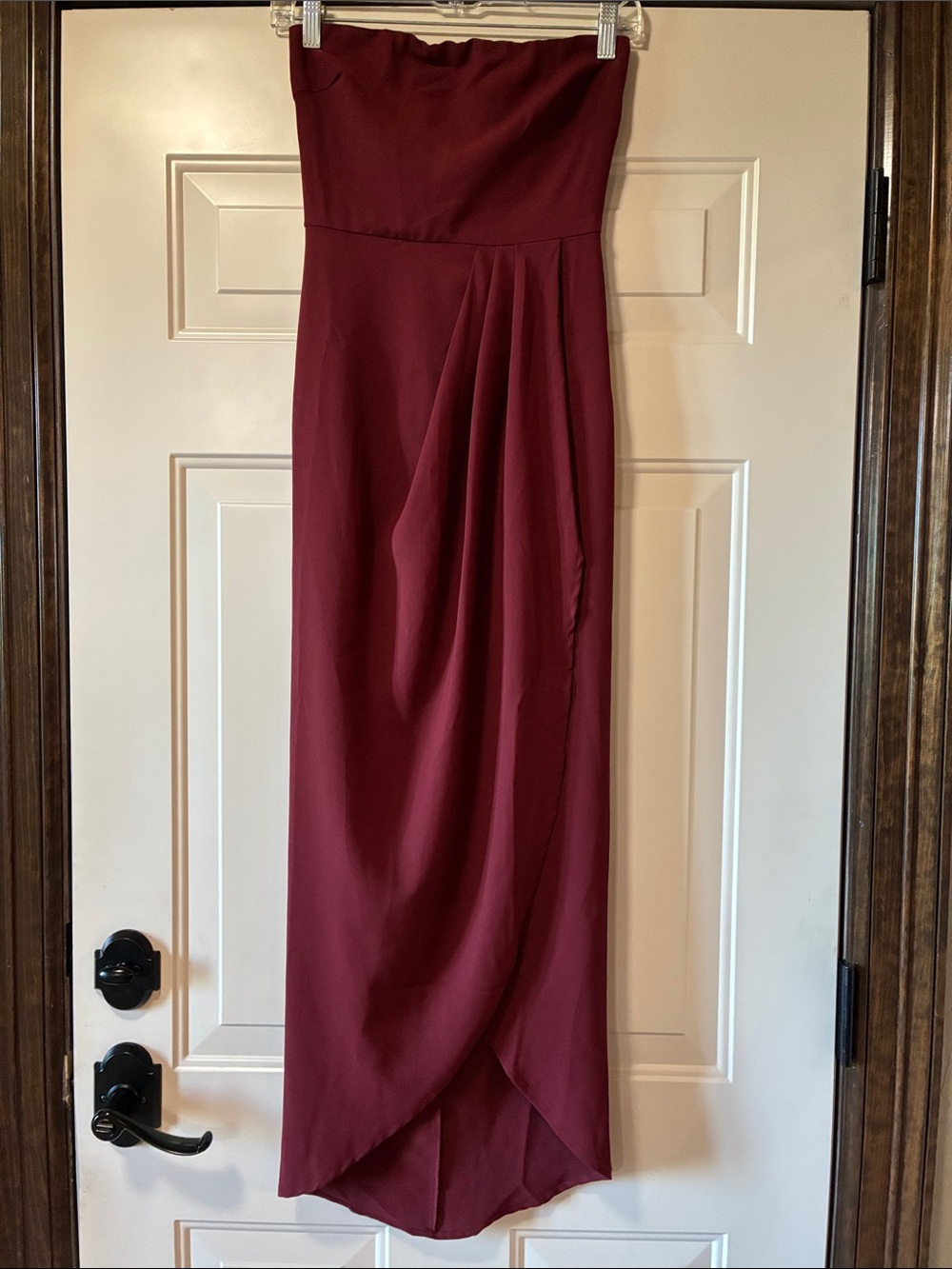 XS Aakaa Maroon Strapless Fitted Formal Maxi with Pleats at Side Waist